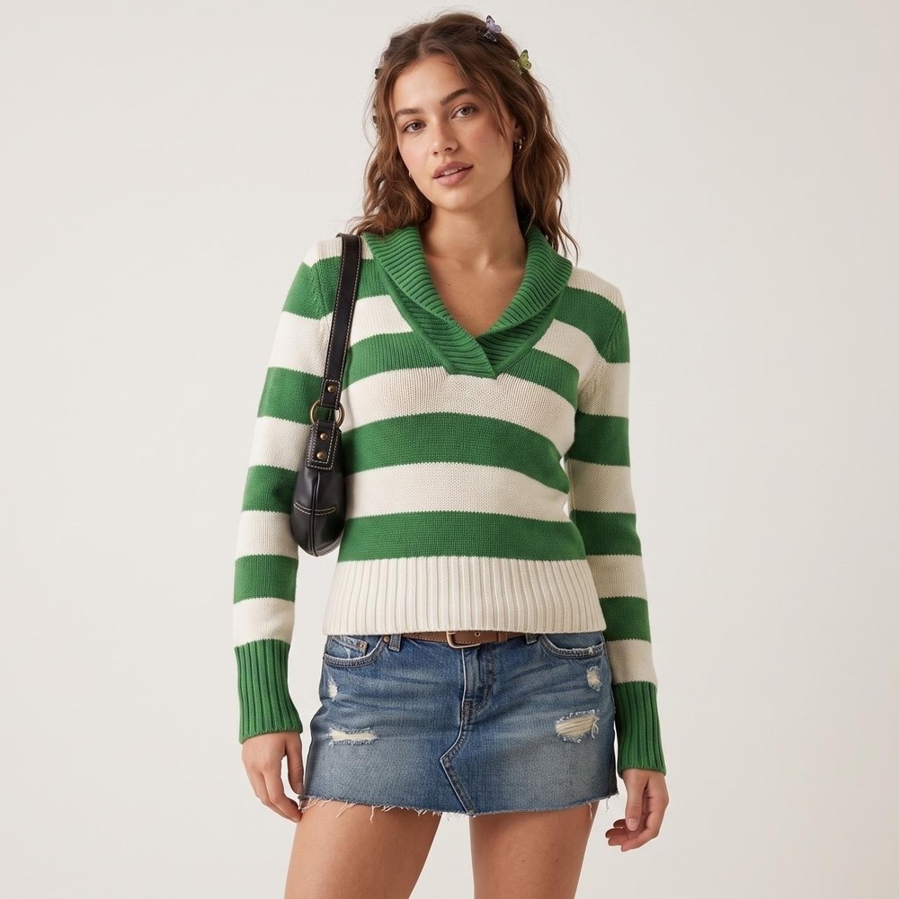 Vintage Y2K American Eagle‎ Green White Striped Sweater Womens S Preppy